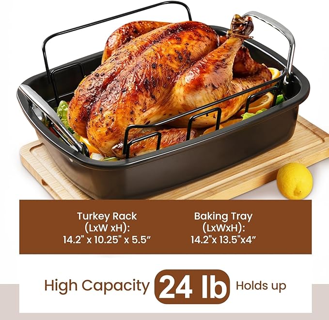 Large Nonstick Roasting Pan Kit with Rack (17x13 Inch) - Includes Baster, Pastry Brush & Twine for Turkey, Chicken, Ham - Even Heating, Easy Clean, Dark Grey