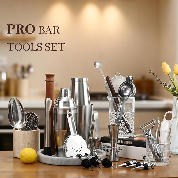 ETENS 33-Piece Professional Bartender Kit with Weighted Boston Shaker – High End Mixology Set for Home Bar – Stainless Steel Barware Tool Set Unbreakable Citrus Squeezer, Ice Scoop & Mixing Glass