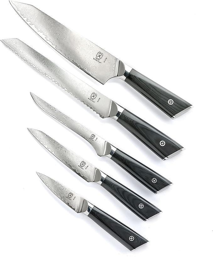 Mercer Culinary Premium Grade Super Steel 6-Piece Knife Set with Glass/Wood Block Stand, G10 Handles