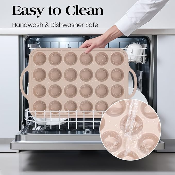 Vinino Mini Silicone Muffin Pans for Baking with Metal Reinforced Frame, 24 Cups Brown Regular Size Nonstick Cupcake Pan, BPA Free Oven Dishwasher Safe Baking Mold for Muffins Cupcakes