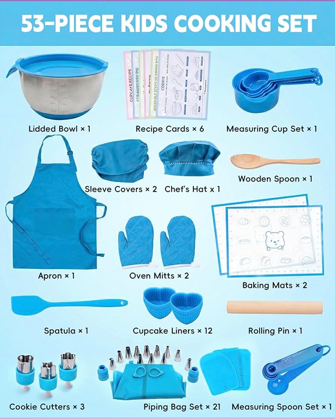 Kids Baking Set–Real Cooking Set for Kids with Kids Cooking Utensils & Kitchen Accessories, Measuring Tools & Baking Supplies,Great Gift for Pretend Play & Montessori Learning (Blue)