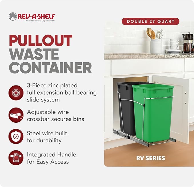 Rev-A-Shelf Pullout Trash Can for Kitchen Cabinets 27 Qt Garbage Recycling Bin with Full Extension Slide, Green/Black, RV-15KD-1918C-S