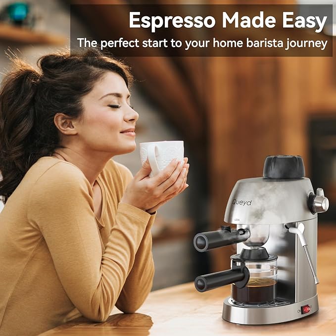 Queyd 3.5 Bar 4 Cup Espresso Cappuccino Machine, Stainless Steel Espresso Machine, Compact Expresso Machines for Home, Latte and Cappuccino Machine with Milk Frother, Dual Safety Switches, 800W