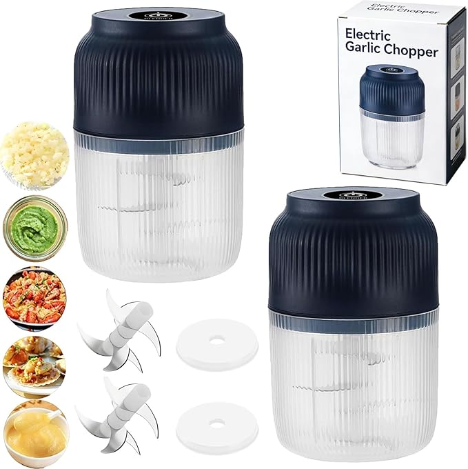 Electric Garlic Chopper, Mini Portable Veggie Cutter, Veggie Chopper with Container and Lid, Rechargeable Cordless Food Chopper for Garlic, Onion, Chili, Fruits Vegetables (Blue*2)