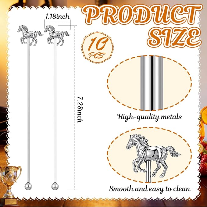 MorningRo 10 Pcs Derby Drink Stirrers Swizzle Sticks for Cocktails Reusable 6.89 Inches 3D Horse Metal Drink Stirrers for Coffee Beverage Party Bar Weddings Event