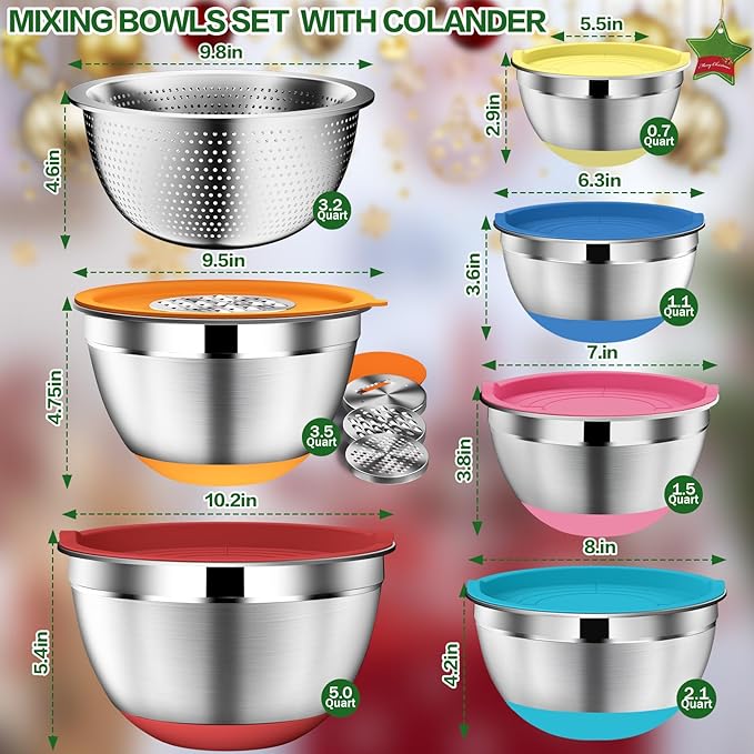 DUTZUN Mixing Bowls with Lids Set - 16pcs Stainless Steel Mixing Bowl Set with Colander, 3 Grater Attachments, Non-Slip Bottom, Metal Nesting Bowls with Strainer for Mixing & Serving - Multicolor