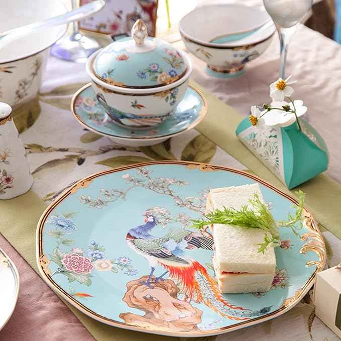 ACMLIFE Bone China Dinnerware Set, Vintage Floral Fine China Dinnerware Sets, Porcelain Dinnerware Sets for 4, Light Blue 12 Piece Fine China Set Lightweight Dinnerware Set for Gifts (Blue)