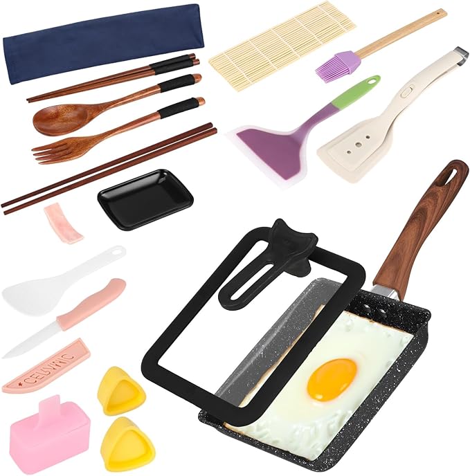 Tamagoyaki Pan Kits with Lid, Omelette Cast Pan Kit, Tamagoyaki Pans Cast Iron Maker with Lid, Nonstick Skillet with Wooden Handle, Includes Spatula, Mat, Knife, Sushi Accessories, Cooking Brush
