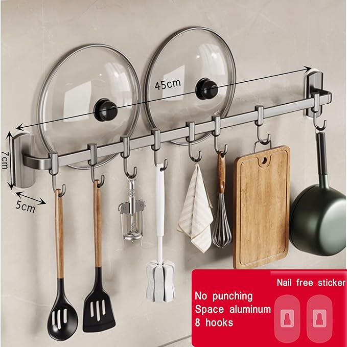Kitchen Hooks Rail with 8 Adjustable Hooks, Aluminum, 100% Aluminum, Modern, Minimalist, Wall Mount, Kitchen Utensil Rack, Grey, 45cm