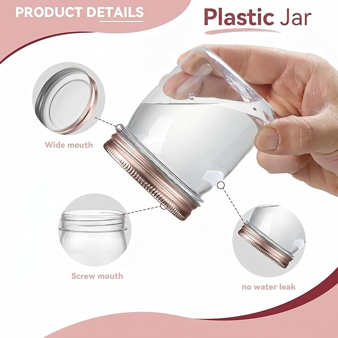 novelinks 8 oz Clear Plastic Jars with Airtight Lids, 16 Pack Plastic Mason Jars with Lids 8oz, Refillable Storage Slime Containers & Small Spice Jar for Kitchen Organization (16 Pack,Rose Gold)