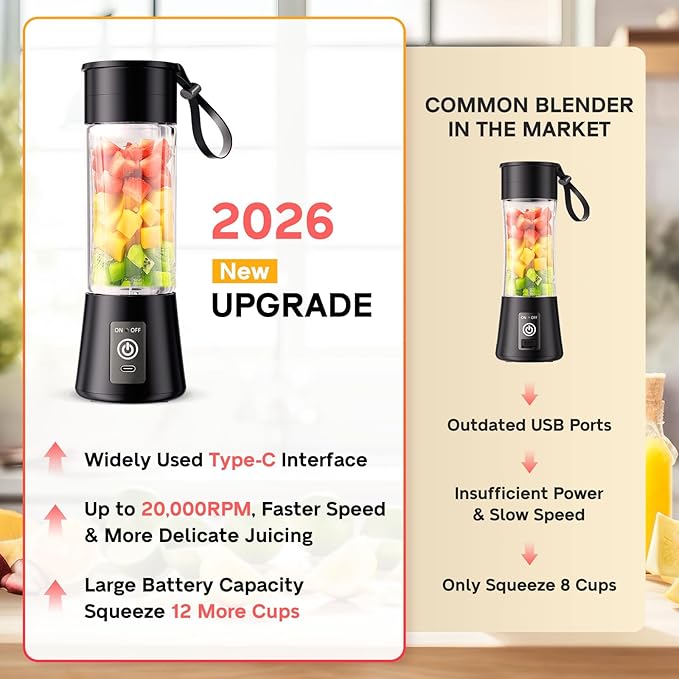 Cordless Personal Size Portable Blender - 380Ml Blender Smoothies and Shakes, BPA Free Traveling Juice Cup with Powerful Blending, Freshly Squeezed in Sports/Travel/Home, Mother's Day