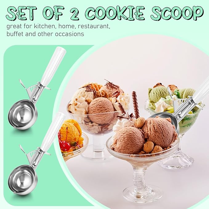 Reallnaive 2 Pcs Release Cookie Scoops Ice Cream Scooper with Trigger Release Portion Scoop Stainless Steel for Portion Control, Baking Food, Cookie Dough (5.3 oz,White)