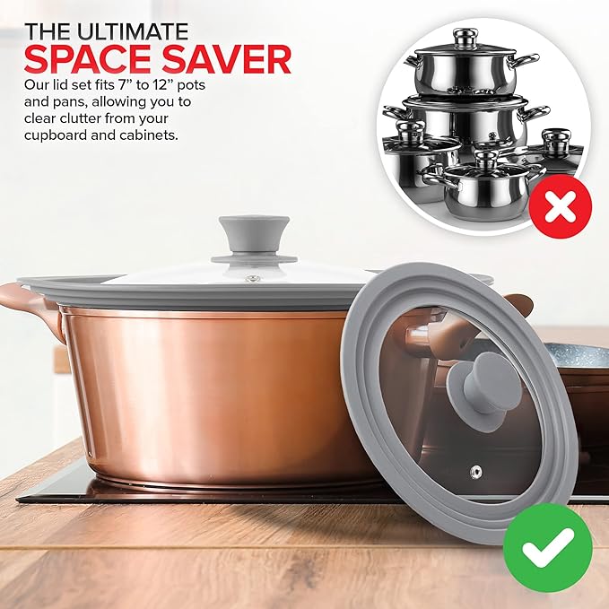 Modern Innovations Universal Lids (Set of 2) Fits 7 to 12-Inch Cookware, Silicone Replacement Pan Lid, Glass Top Covers for Skillets, Pots, Frying Pans, Cast Iron - Grey