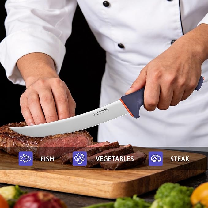 8 Inch Curved Breaking Knife for Meat Cutting - Non-Slip Softgrip Handle with Ultra Sharp Blade, Multi-Purpose Butcher Knife for Steak, Ribs, X50CrMoV15 Stainless Steel