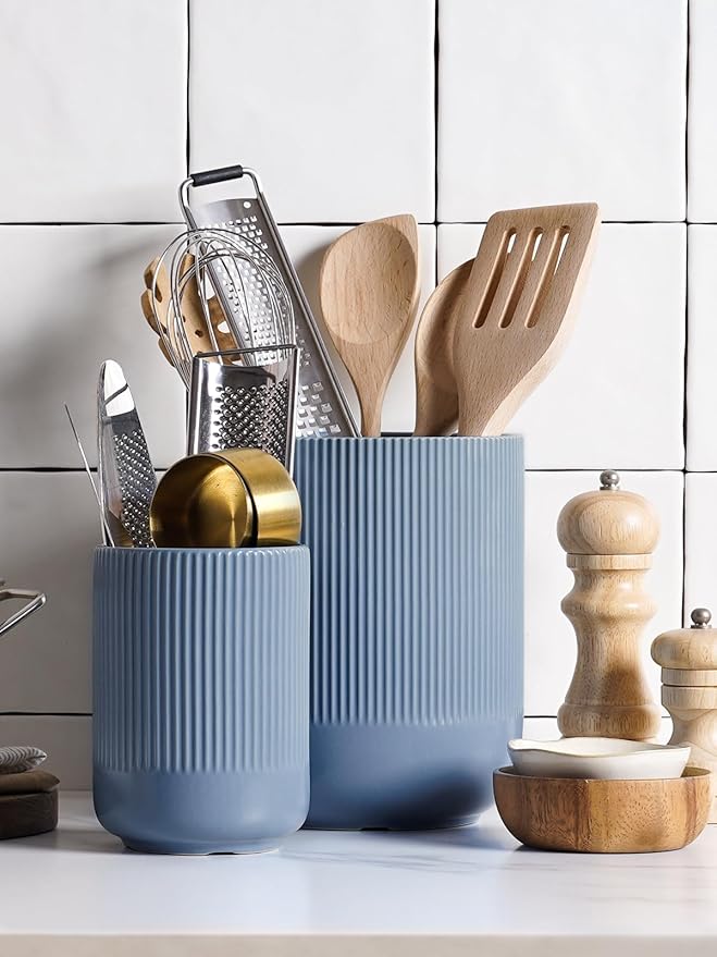 LE TAUCI Utensil Holder for Kitchen Counter, 7.3"+5.4" Fluted Ceramic Utensil Crock Organizer for Countertop, Heavy Large Holder for Spatulas, Spoons, Set of 2, Dusty Blue