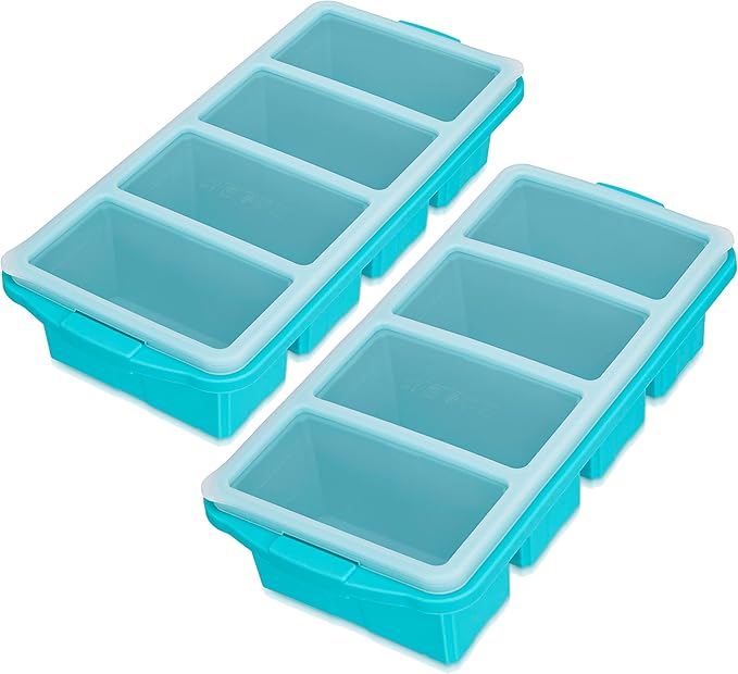 Silicone Freezing Tray with Lid, Large Ice Cube Tray Non-stick Soup Freezer Container with 4 Compartments for Storing and Freezing Soups, Broths, Sauces and Liquid Diets, Oven and Dishwasher Safe…