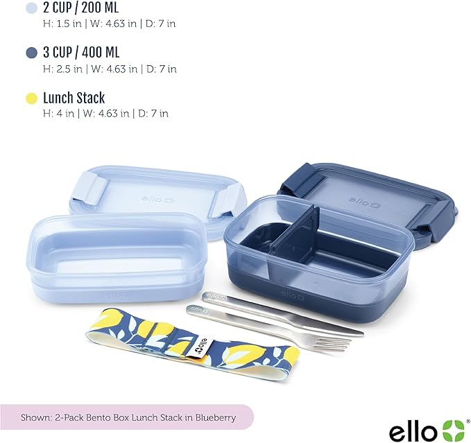 Ello 2-Pack Lunch Stack Plastic Food Storage Container Bento Box with Airtight, Leak-Proof Locking Plastic Lids and Silicone Base, BPA-Free, Freezer, Microwave, and Dishwasher Safe, Blueberry