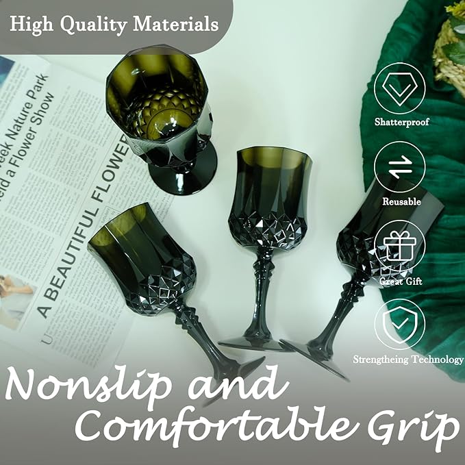 Plastic Wine Glasses, Plastic Goblets Vintage Style Cordial Unbreakable Drinking Glasses, Reusable Drinkware for Wedding Reception, Grand Event Party Supplies (48, Black)
