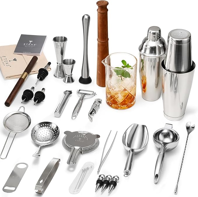 ETENS 33-Piece Professional Bartender Kit with Weighted Boston Shaker – High End Mixology Set for Home Bar – Stainless Steel Barware Tool Set Unbreakable Citrus Squeezer, Ice Scoop & Mixing Glass