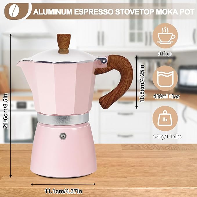 Aluminum 9 Cup 450ml Moka Pot Express Coffee Maker Stovetop Espresso Colorful Coffeemaker Italian Classic Style Brewing Greca Cafe Mocha Machine for Cafeteras Lover Camping Travel and Home Use 15oz