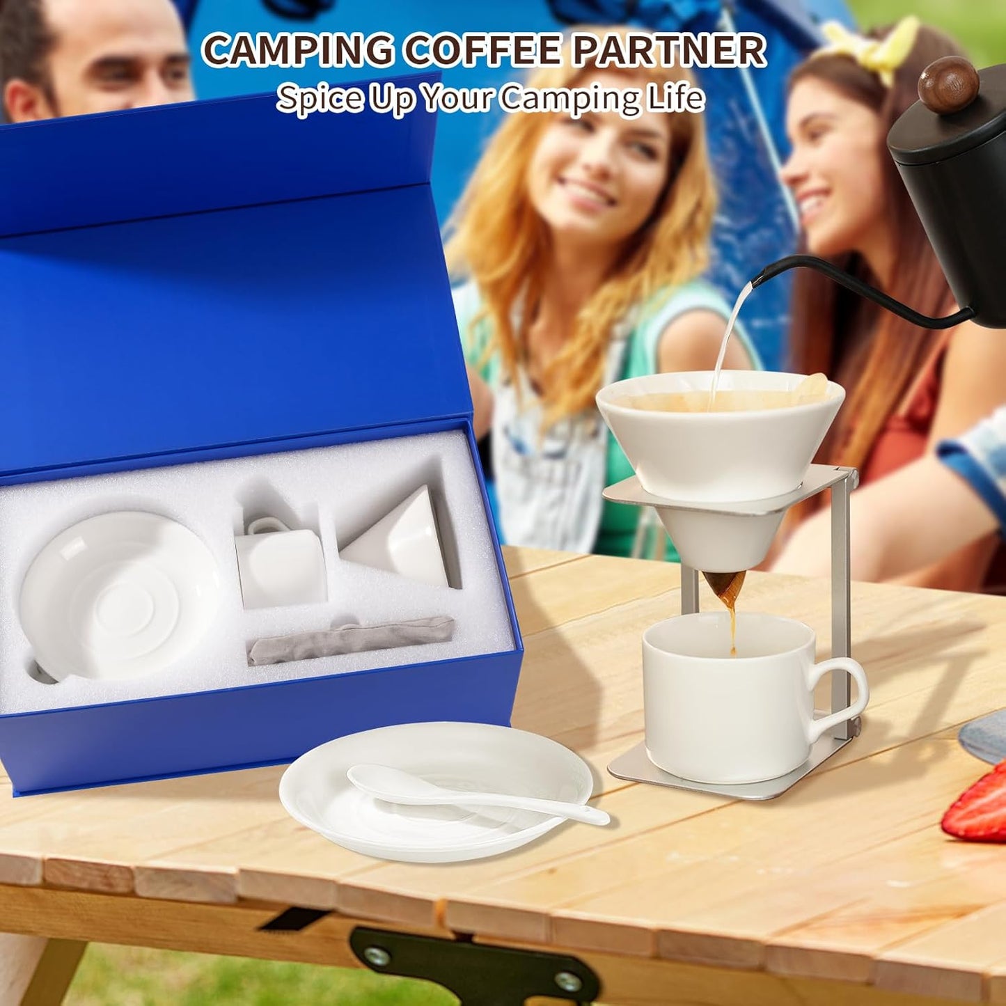6-Piece Pour Over Coffee Maker Kit & Dripper Set with Foldable Stand, Cup, Spoon & Storage Bag - All-in-One Portable Coffee Brewing Kit for Camping, Home, Office