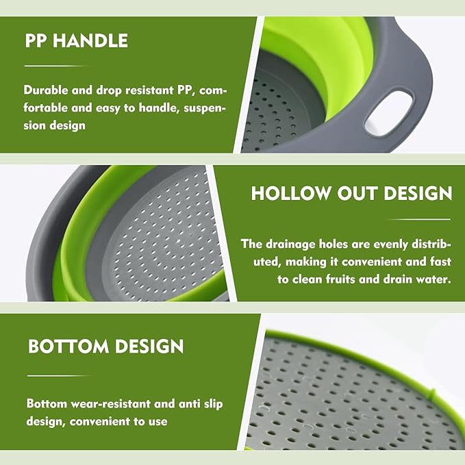 Silicone Colander Collapsible Strainers Set for Kitchen- 3 Pack (3Qt, 4Qt,5Qt) -Over Home Draining Basket, Food Vegetables & Fruits-Dishwasher Safe, BPA Free Space Saving Design (Green,Blue,Red)