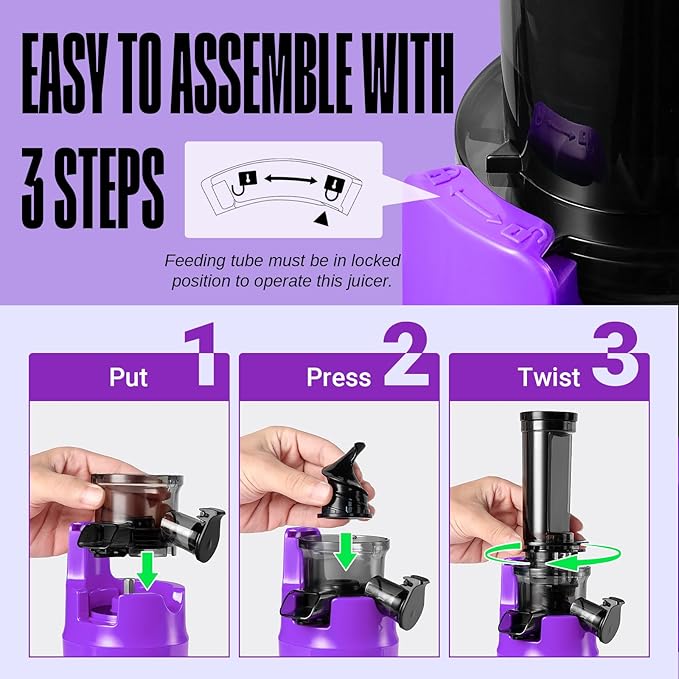 Ventray Ginnie Mini Cold Press Juicer, Small Slow Masticating Juicer for Vegetables and Fruits, High Juice Yield, Easy to Clean, Space-Saving, Fit for Personal/Travel/Picnic/Office - Purple