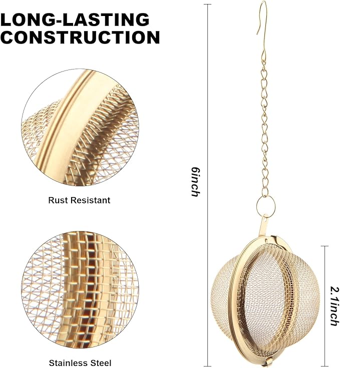 Luckyiren Tea Ball Infuser with Chain;; Premium Stainless Steel Fine Mesh Screen Tea Strainer Filters Colander Cullender Sieve Infusion Steeper Maker for Loose Leaf Tea Herbs, 2 Pieces, Golden