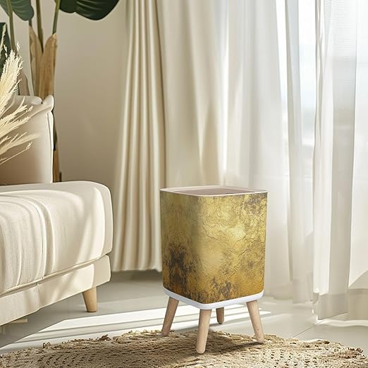 Small Trash Can with Lid Gold texture for cover cards flyers poster Bronze paint Stone backdrop Wastebasket with Press Cover Dog Proof Garbage Can Waste Bin for Kitchen Bathroom Nursery 2.6 Gallon