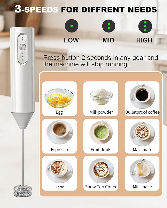 3-Speed Rechargeable Milk Frother with Cover, Dual Coil Whisk Coffee Frother Handheld - Portable Hand Frother Wand for Coffee Matcha Cappuccino & Hot Chocolate, Kitchen Gift, White