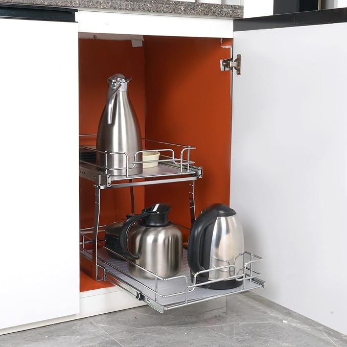 VEVOR Pull Out Cabinet Organizer, 14" Wx21.2 Dx15.2 H Heavy 2 Tier Duty Slide Out Pantry Shelves, Chrome-Plated Steel Roll Out Drawer for Under Sink, 15.5" Wx22.5 Dx19 H Install Size for Cabinet