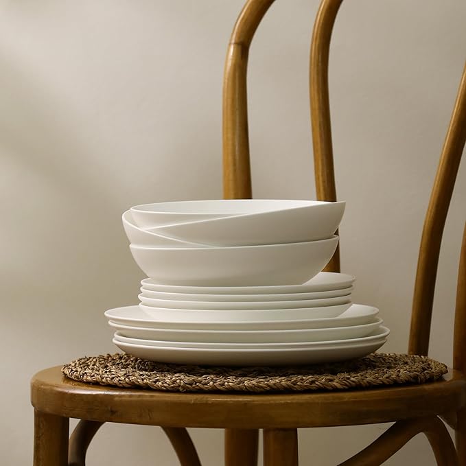 Stone Lain Taglio 12-Piece Dinnerware Set Bone China, Matte White