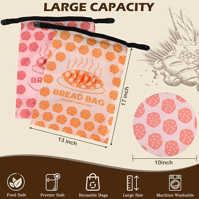 2 Pack Reusable Bread Bags for Homemade Bread, 17"×13" Sourdough Bread Storage Bags with Bowl Cover - Keep Loaf Fresh and Easy to Wash(Cookie Style)