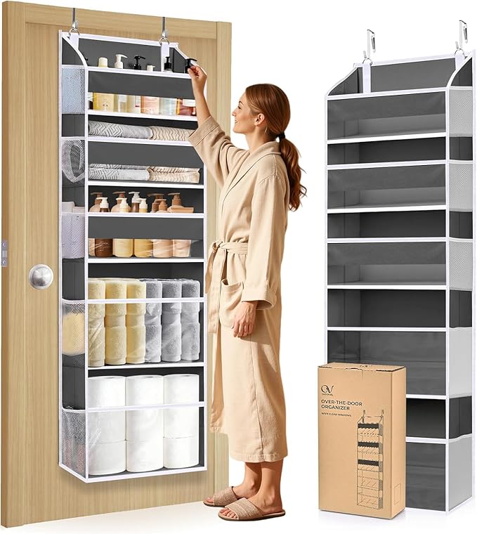 5 Tiers Over Door Organizer with 10 Mesh Side Pockets, 44 lbs Weight Capacity Hanging Storage Organizer with Clear Window Kids Toys, Shoes, Diapers, Dark Gray
