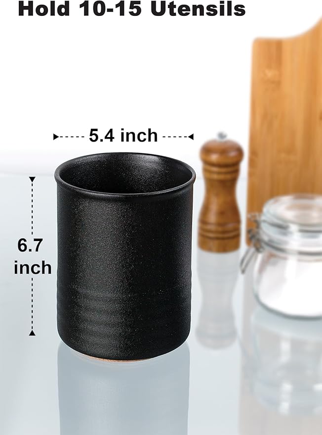 Utensil Holder, 6.7" Ceramic Kitchen Utensil Crock for Countertop Cooking, Modern Utensil Caddy Jar Organizer for Farmhouse Kitchen Counter Décor, Textured Black
