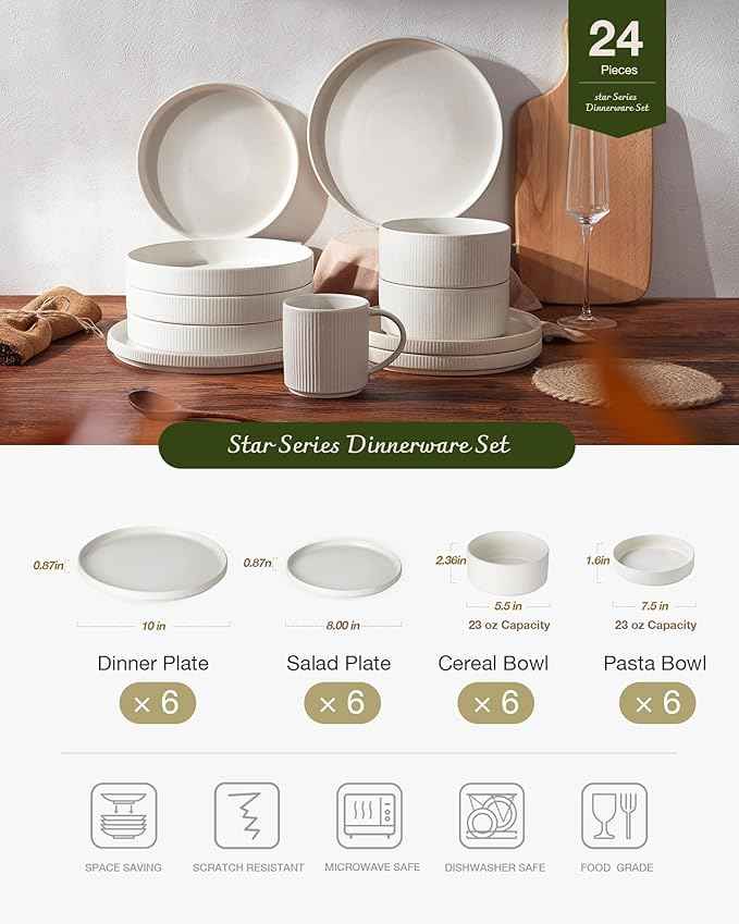 famiware Star Dinnerware Set with Pasta Bowls, Service for 6 (24 Pieces), Ribbed Stoneware Plates and Double Bowls Sets - Chip & Scratch Resistant, Microwave & Dishwasher Safe Dishes, Matte White