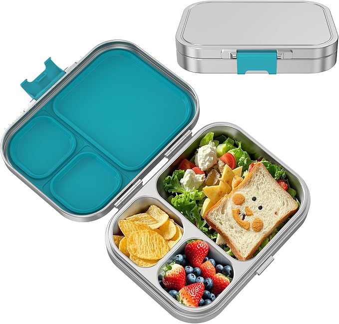 LOHASOK Stainless Steel Bento Lunch Box, 3-Compartment Food Container Large 800ML Metal Bento Box for Kids or Adults with Lockable Clips to Leak Proof Blue