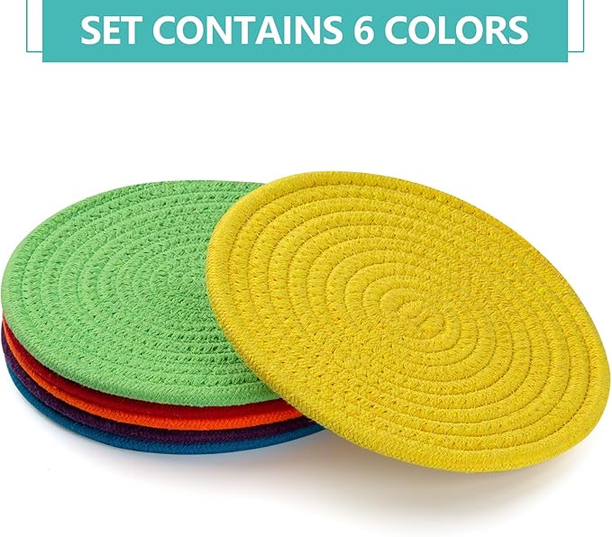 Trivets for Hot Dishes, Pots and Pans, 8 Inches Hot Pads 6 Pcs, Pot Holders for Kitchen, Heat Resistant Mat Protect Counter, Coasters Set Home Essentials Farmhouse Decor (Rainbow)