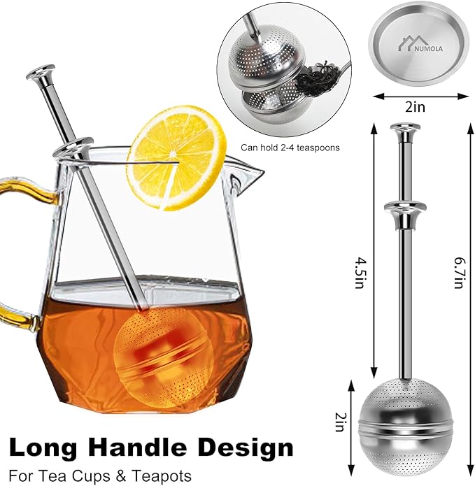 Numola Long Handle Tea Ball Stainless Steel, 2Pcs Premium Tea Infuser Filter for Loose Leaf Tea, Reusable Fine Mesh Tea Interval Diffuser Strainer for Cup and Teapot