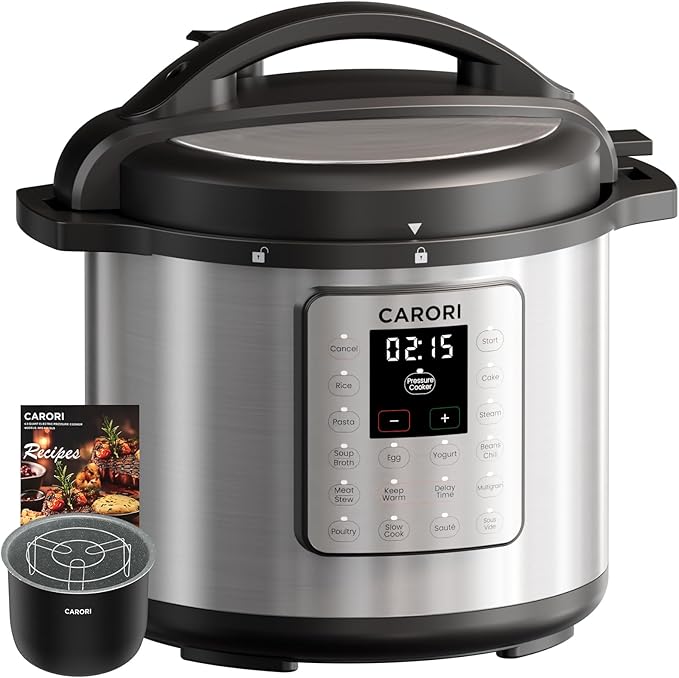 12-in-1 Electric Pressure Cooker 8 Quart, 1200W olla de presion Multi-Cooker with Non-Stick Ceramic Pot, Slow Rice Cooker, Saute, Steamer, Yogurt & Food Warmer, Delay Timer, Silver