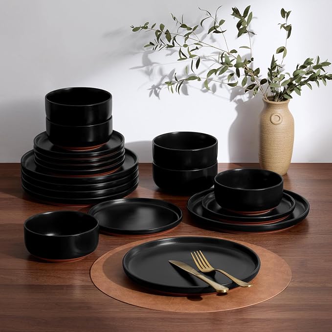 E-far 18-Piece Stoneware Plates and Bowls Sets, Dinnerware Sets for 6, Ceramic Dishware Dishes Set with Terracotta Base, Chip & Scratch Resistant, Microwave & Dishwasher Safe, Matte Black
