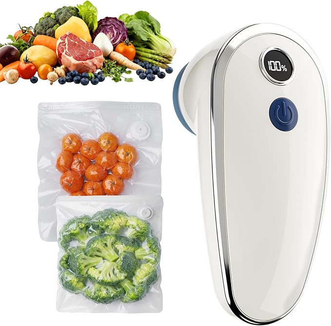 Handheld Compact Vacuum Sealer for Food, Long-Lasting Fast-Sealing Portable Food Saver with Battery Display, Dry/Moist Modes, Includes 10 Reusable Bags for Sous Vide, Meat, Leftovers, Easy Clean
