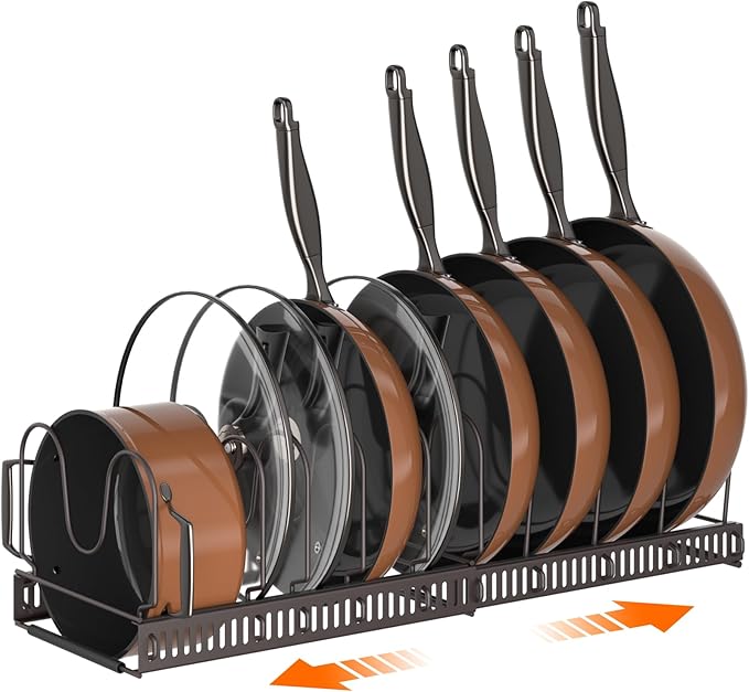 MUDEELA Pots and Pans Organizer Rack for under Cabinet, Expandable Pot Lid Kitchen Cabinet Organizer Holder with 10 Adjustable Compartment Cutting Board Organizer for Pan Lid Cookie Sheet Rack, Bronze