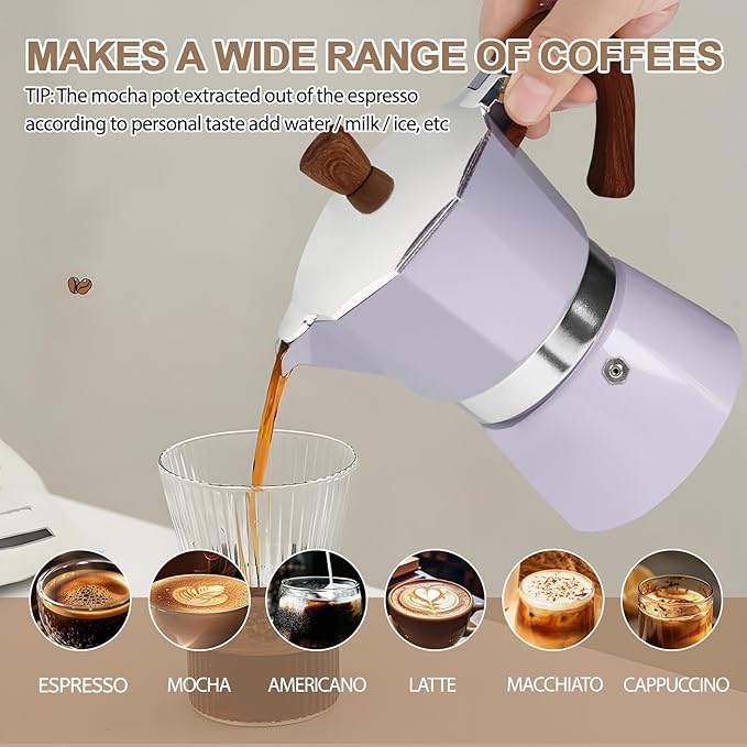 Aluminum 6 Cup 300ml Moka Pot Express Coffee Maker Stovetop Espresso Colorful Coffeemaker Italian Classic Style Brewing Greca Cafe Mocha Machine for Cafeteras Lover Camping Travel and Home Use 10oz