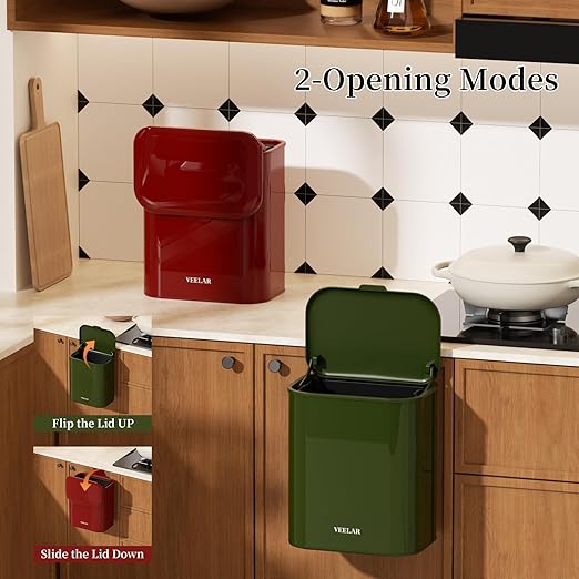 Hanging Stainless Steel Trash Can, 1.6 Gallon /6L Small Compost Bin for Kitchen Cabinet, Bathroom or Office (Black)