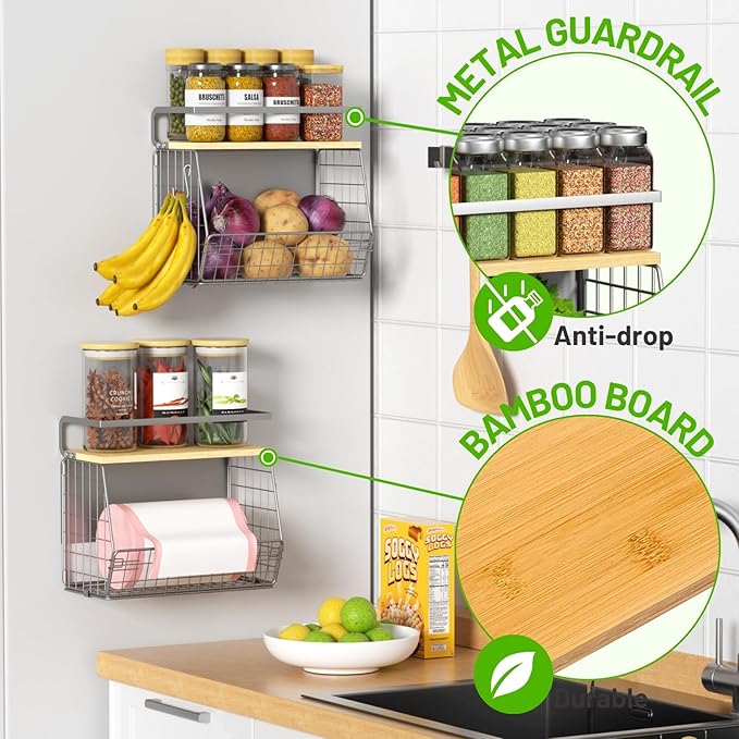 Magnetic Shelf for Fridge with Wood Lid, Fruit Potato and Onion Storage Bins, Pantry Organizers & Storage, Large Container Magnetic Spice Rack for Refrigerator, Kitchen Counter (Silver-gray, 2)