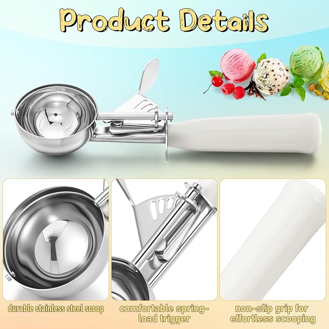 Reallnaive 2 Pcs Release Cookie Scoops Ice Cream Scooper with Trigger Release Portion Scoop Stainless Steel for Portion Control, Baking Food, Cookie Dough (2.65 oz,Ivory)