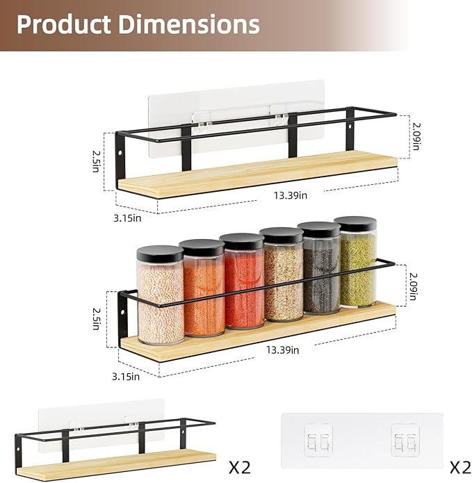 Spice Rack, Self-Adhesive or drilling, Rustic Style Hanging Spice Rack, Spice Organization for Cabinet Door or Wall Mount, Over The Stove, Kitchen Wall, 2-Pack, Wood Color