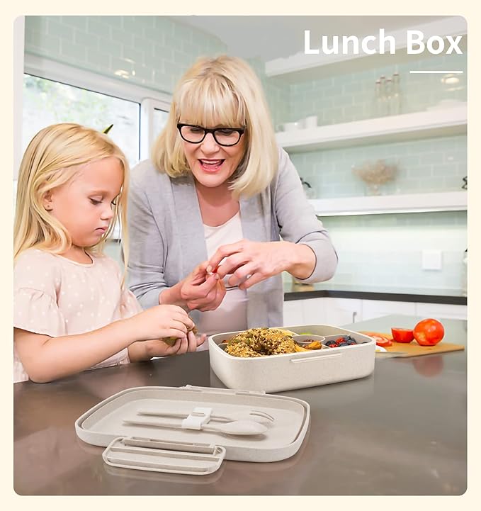 Bento Lunch Box, 5 Compartments Lunch Container for Kids/Adults with Snack cup, Wheat Fiber Eco-Friendly Double Insulated Boxes, Dishwasher and Microwave Safe, BPA-Free