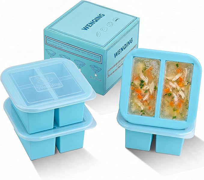 Silicone Freezer Tray with Lid 4 Pack Silicone Freezer Molds Ice Cube Tray Makes 8 Perfect 1 Cup Portions Soup Cubes Meal Prep Containers- Oven & Dishwasher Safe